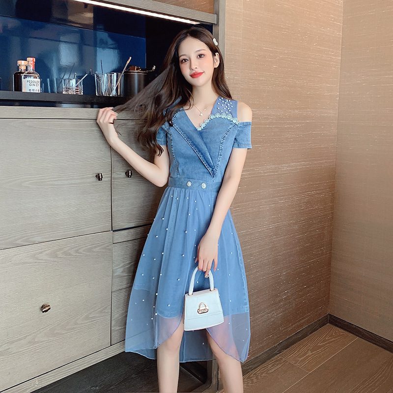 连衣裙女装夏季2021新款时尚洋气质网纱穿搭配牛仔裙两件套装裙子