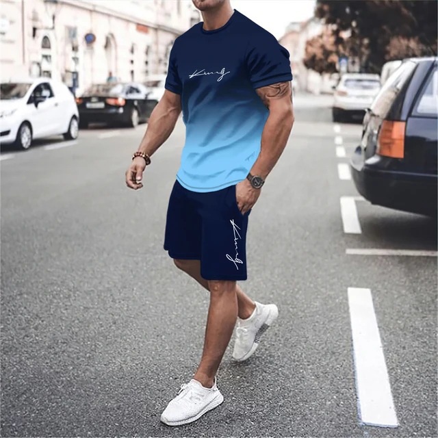 Cross-Border New Arrival Style 3D Printing Essentials Short-Sleeved T-shirt 2-Piece Summer Men's Casual Sports Suit