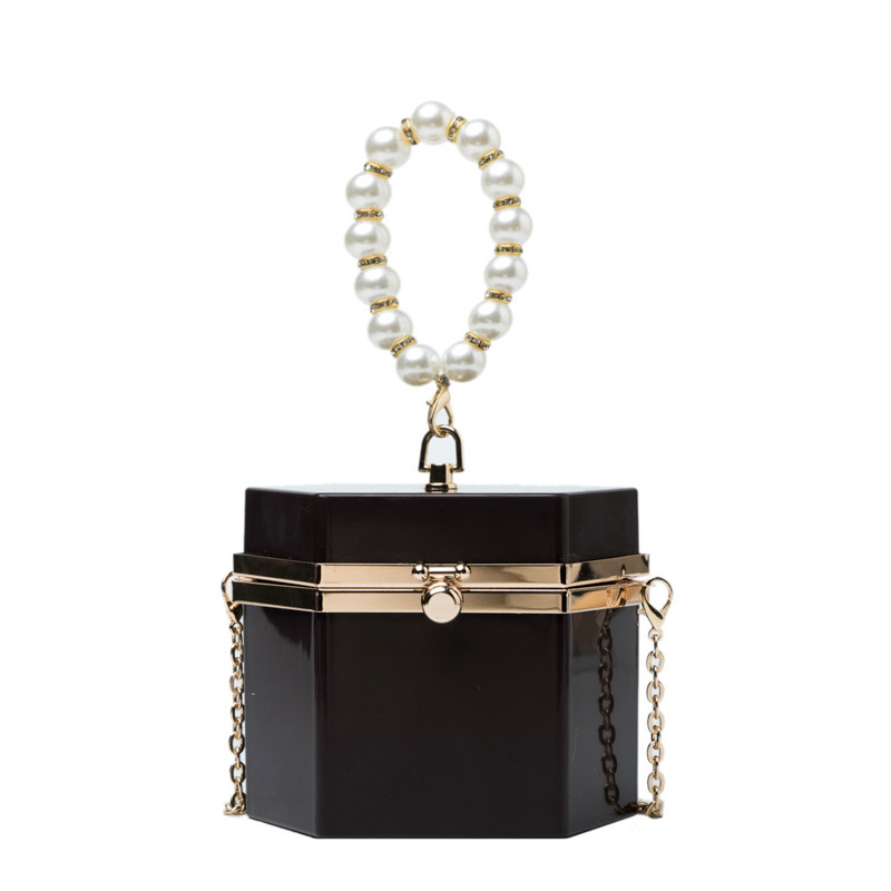 Internet Celebrity Same Candy Color Box Hexagonal Small Bag for Women 2023 New Fashion Cylindrical Pearl Chain Handbag