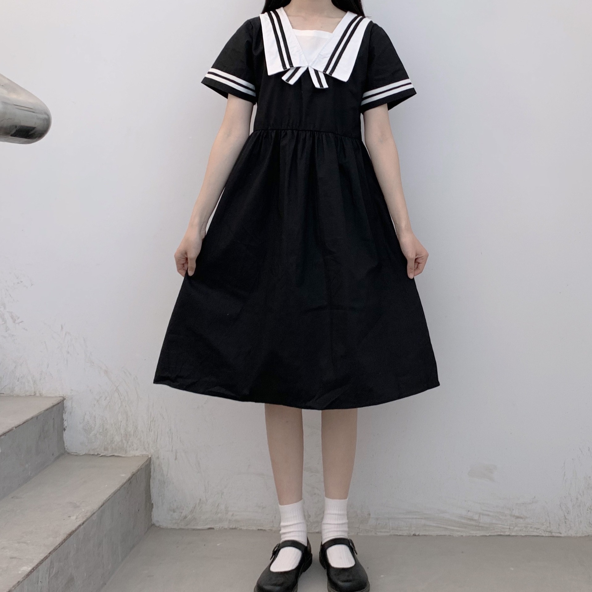日系海军领学院风黑色连衣裙女夏高腰显瘦小个子学生甜美初恋裙子