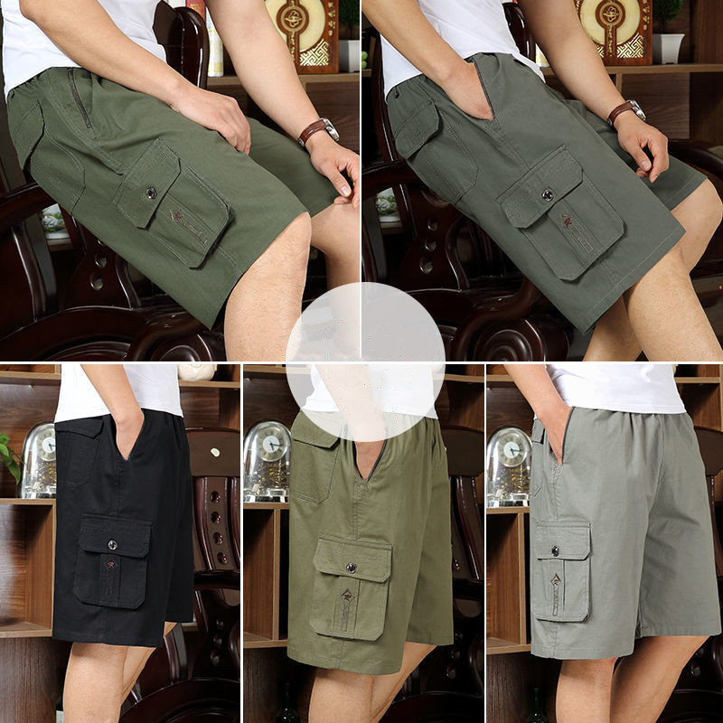 Summer Casual Shorts Men's Loose Dad Middle Pants Middle-Aged and Elderly Cropped Trousers for Men Multi-Pocket Cargo Pants Beach Pants