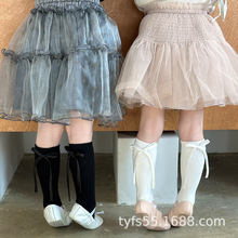 韩系女童中筒袜春款儿童小腿袜小童细长带蝴蝶结精梳棉无跟堆堆袜