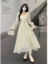 2024新款超好看仙女白色连衣裙女春季大码气质收腰法式方领雪纺裙