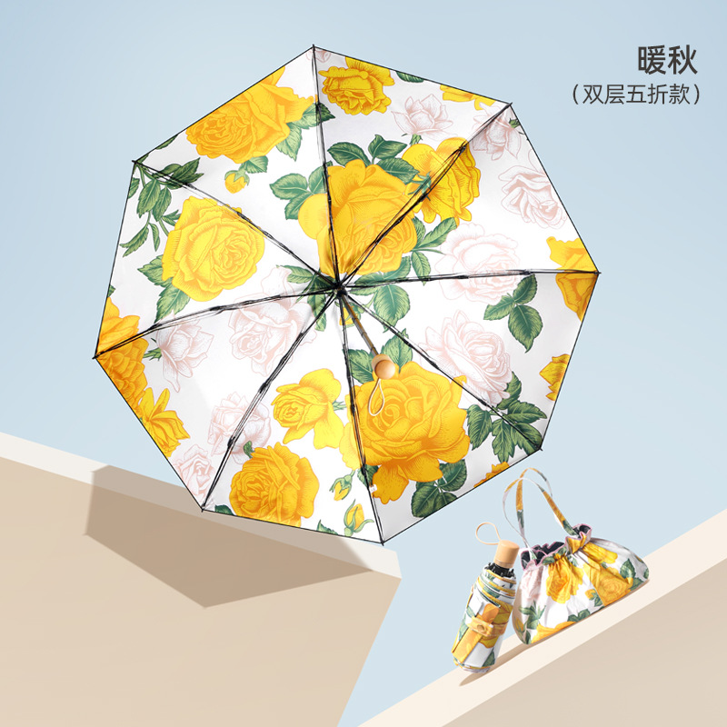 Mini Double-Layer Printed Wooden Handle Portable Folding Sun Protection Uv Protection Sun Rain Black Rubber Umbrella Custom Logo