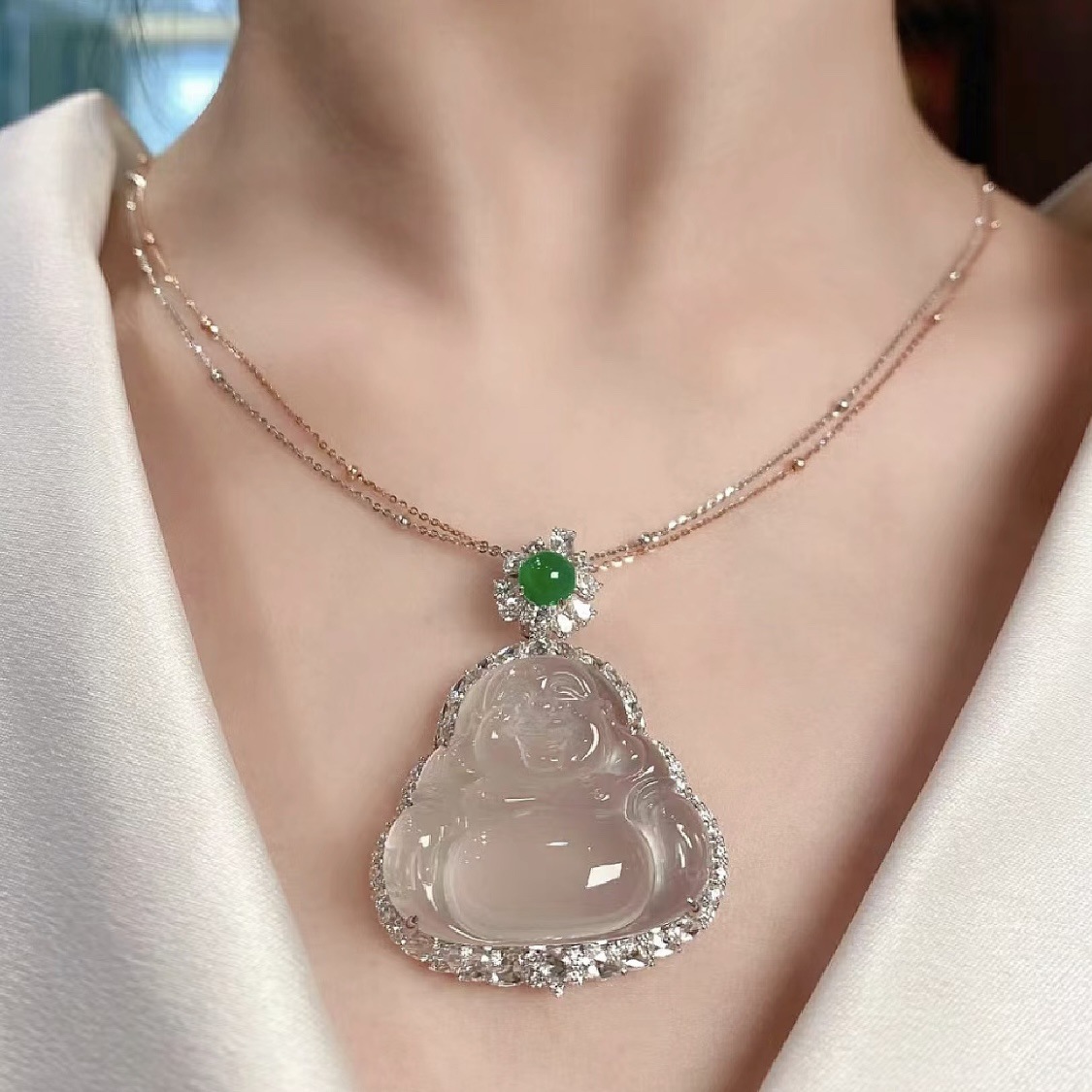天然翡翠玉吊坠白冰玉佛公冰种18k金缅甸玉佩弥勒佛玻璃种a货项链