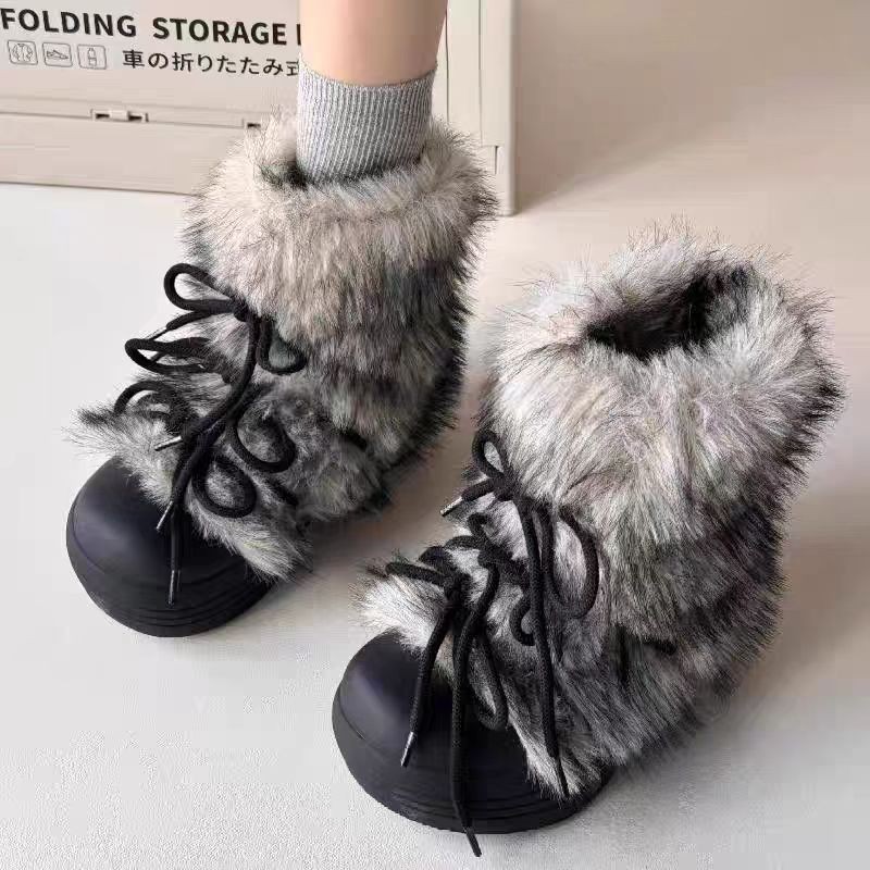 fashion furry big boots female 2024 winter new fashionable and popular warm cold-resistant muffin heel all-matching snow boots