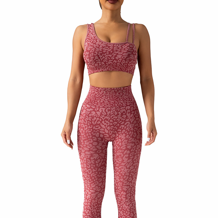 Cross-Border New Arrival Seamless Knitted Leopard Print Yoga Suit Back Shaping Shockproof Bra Hip Raise Yoga Pants Vest Suit