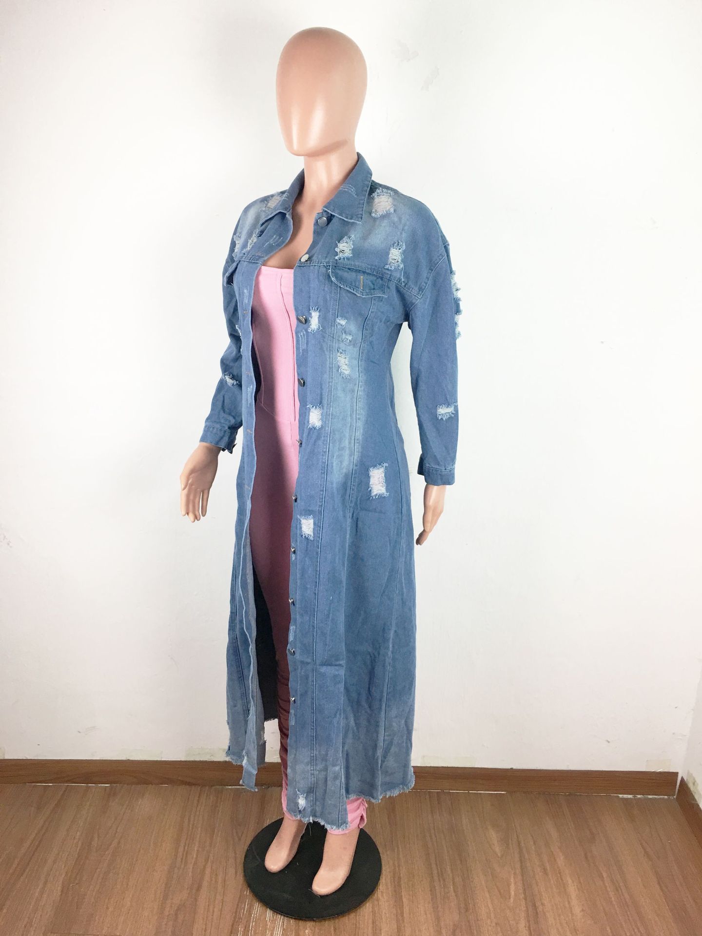 6083亚马逊货源欧美时尚女装破洞长袖牛仔风衣外套开衫牛仔披风