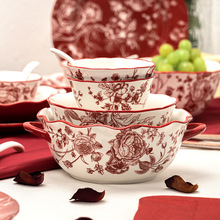 中式风红色玫瑰陶瓷餐具家用盘子高颜值5寸饭碗双耳汤碗清新ins