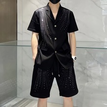 山力达迪夏季新款韩版时尚潮牌设计烫钻短袖套装男西装短裤两件套