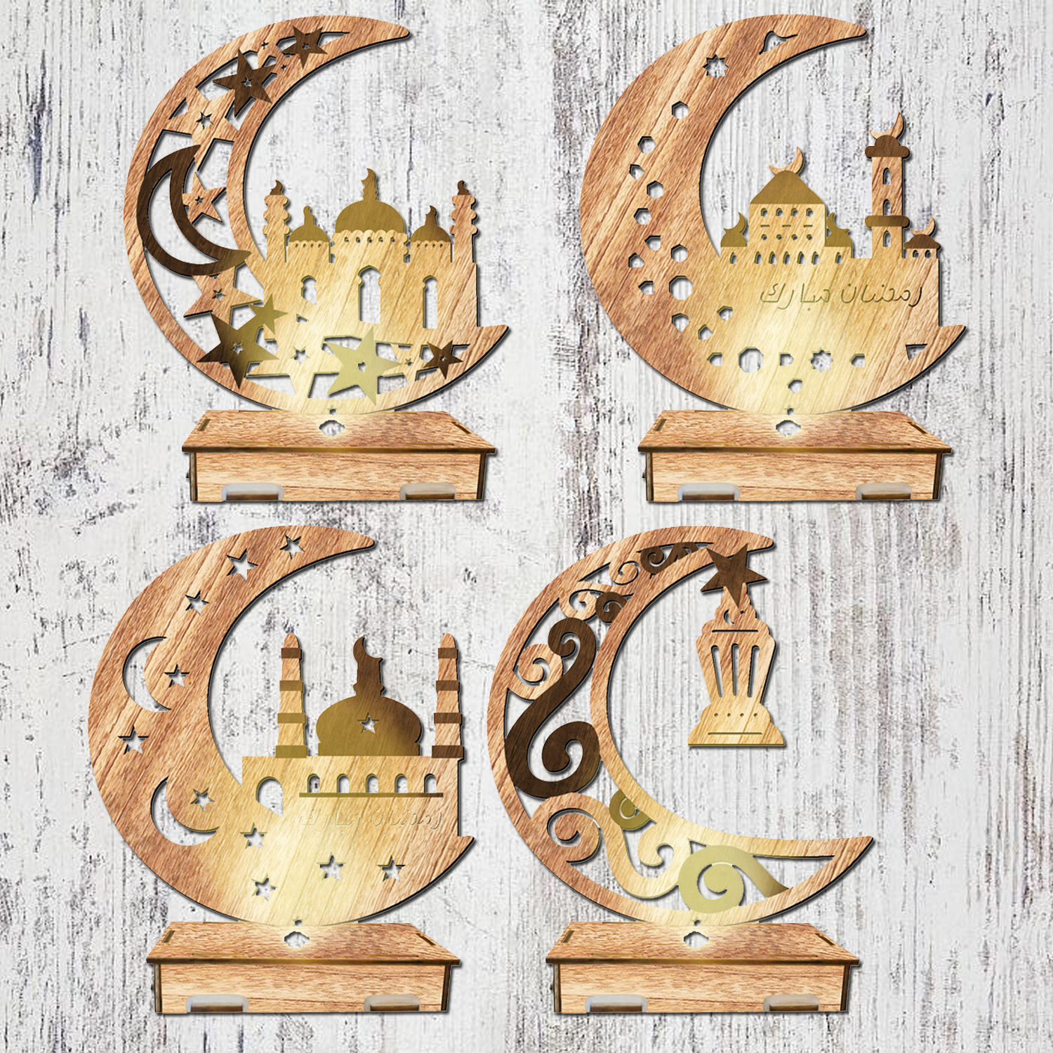 2022最新家居开斋节木质摆件 斋月节发光月亮镂空摆饰 装饰工艺品