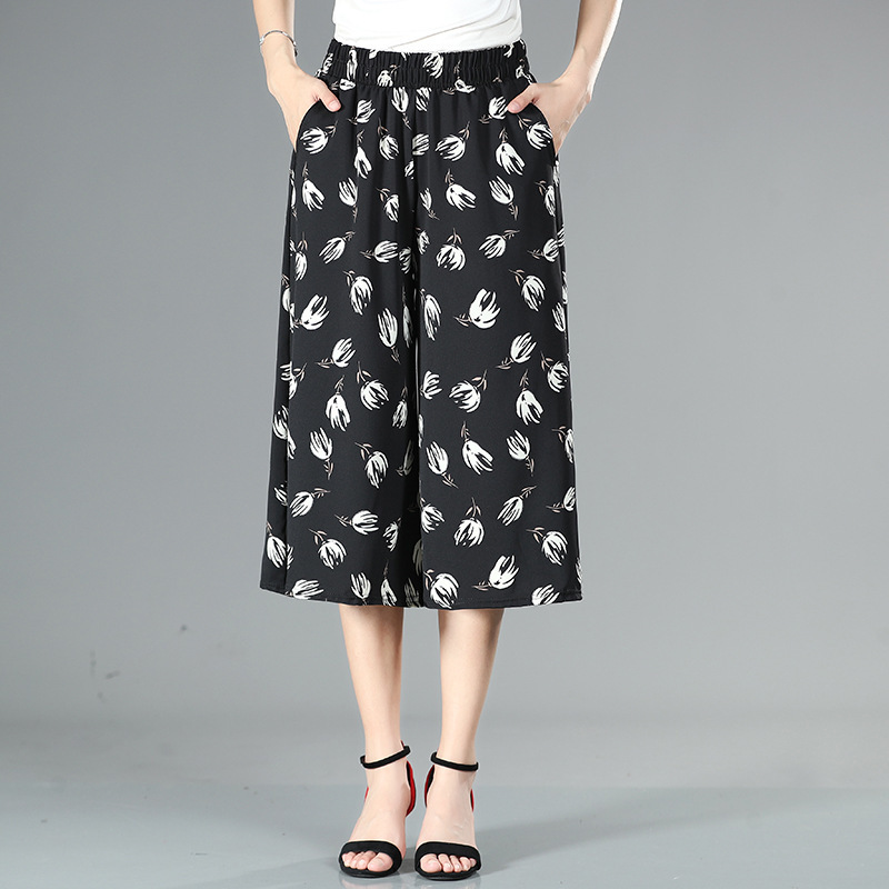 新款夏季薄款七分裤中老年妈妈装2024年高腰松紧腰阔腿裤花色裙裤