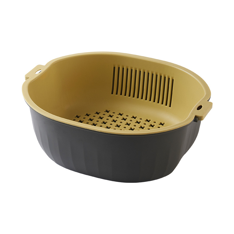 Hl Multi-Functional Double-Layer Thick and Portable Kitchen Plastic Hollow Draining Rice Washing Vegetable Draining Basket