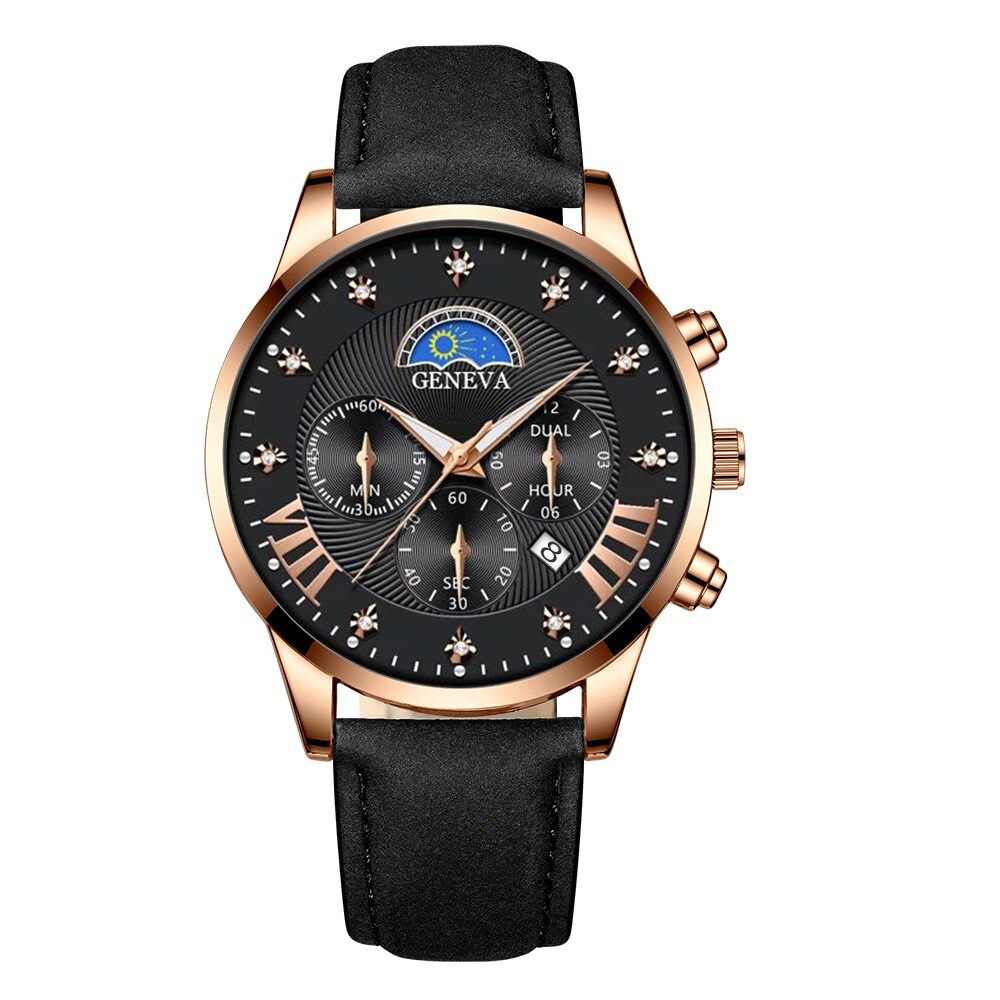 新款大卖日月星辰男士皮带手表时尚潮流假三眼日历石英表男款代发