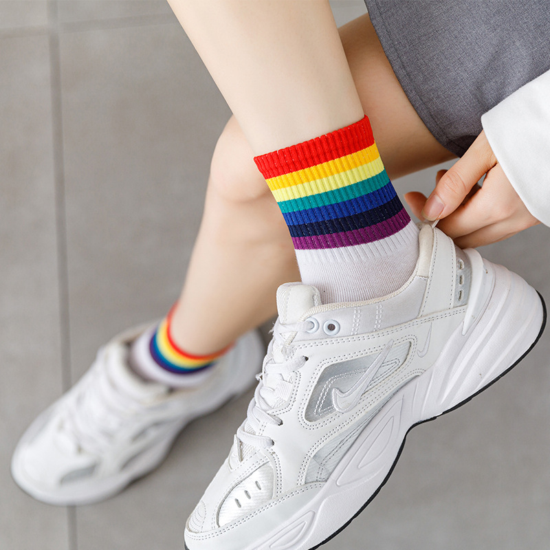 Women's Socks Spring and Summer New Japanese Rainbow Striped Mid-Calf Length Socks Women's Couple Internet Celebrity All-Matching Athletic Socks Medium Stockings