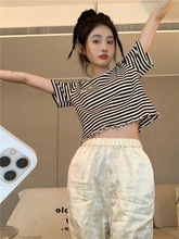 百搭条纹短袖t恤女ins潮夏季2024新款韩版设计感修身短款学生上衣