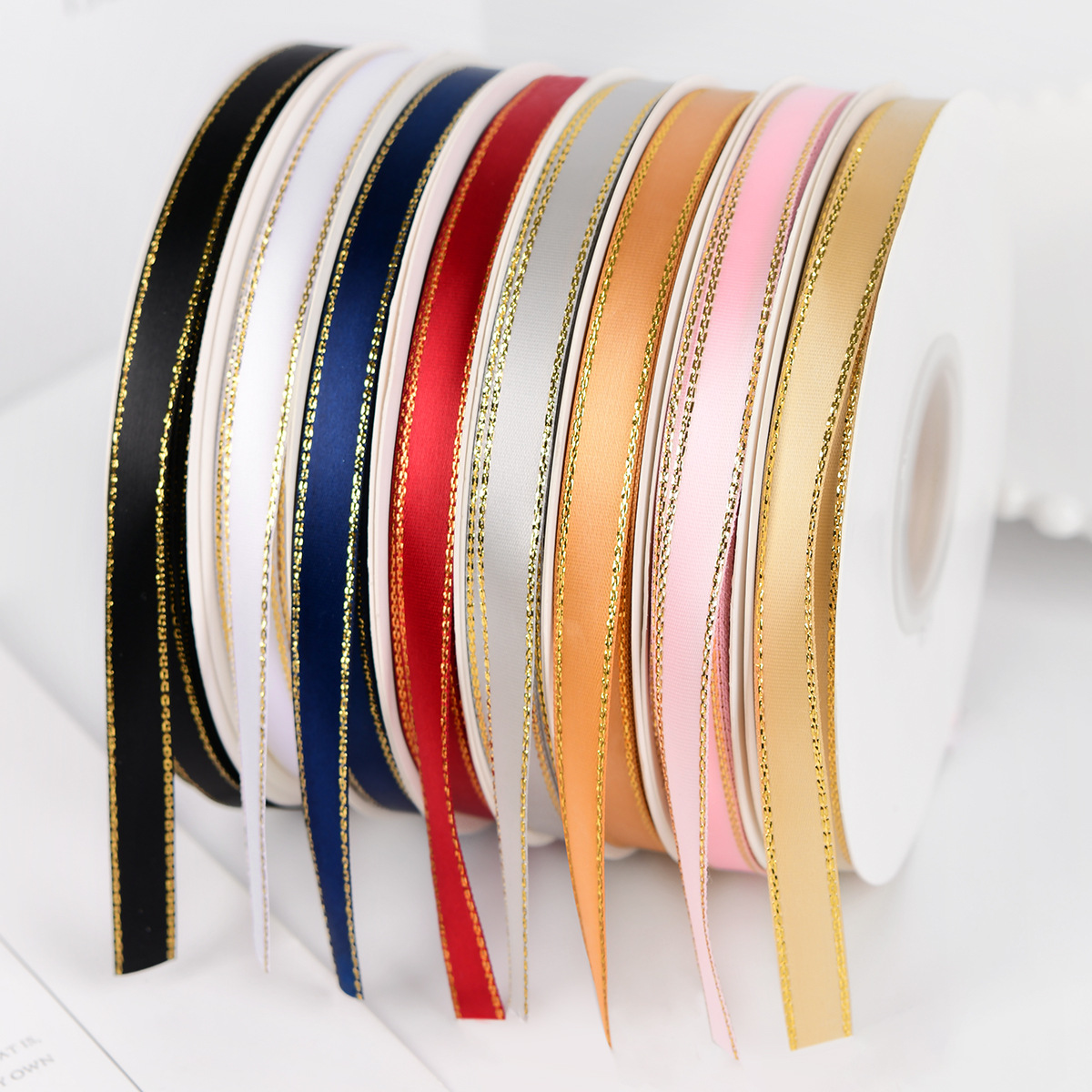 Factory Wholesale 1cm Double Gold Edge Encryption Polyster Ribbon Gift Box Strap Decorative Colored Ribbon Fruit Packaging Ribbon