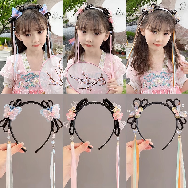 Children's Han Chinese Costume Hairband Decoration Girls' Ancient Style False Braids Headband Baby Chinese Style Tassel Hairpin Girl's Hair Accessories