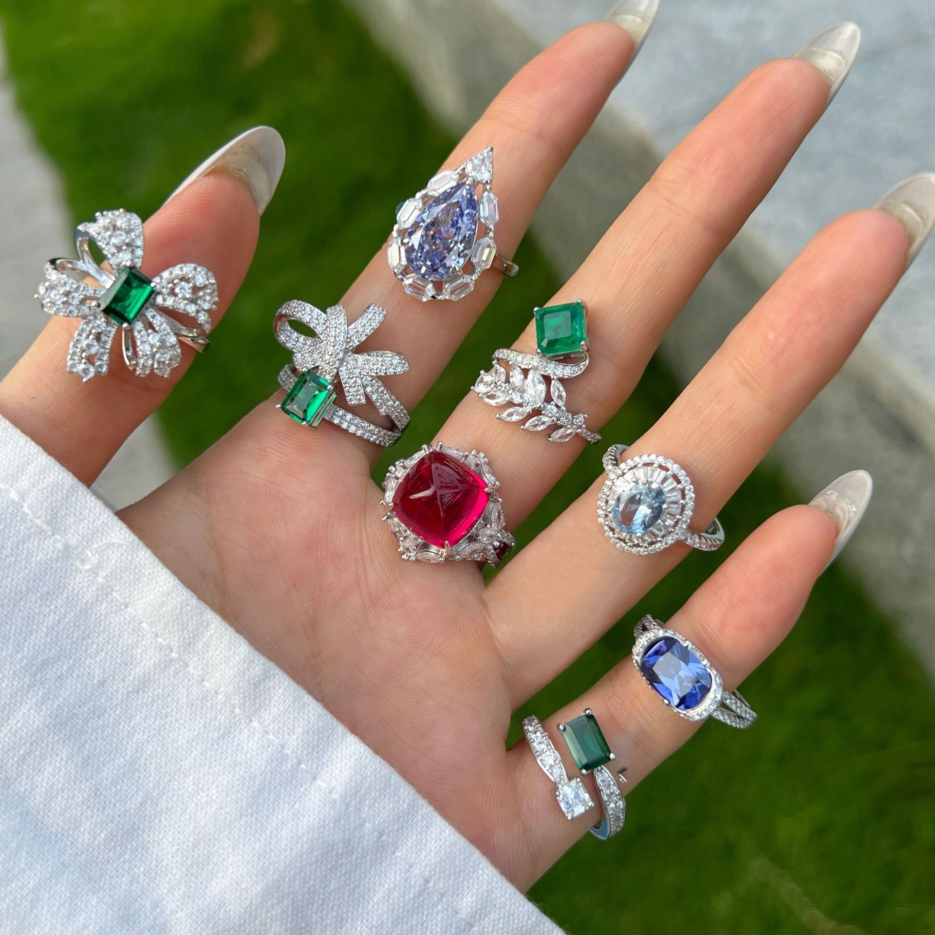 8a5a欧美高奢s925纯银戒指高级感红蓝宝石水滴锆石镶嵌奢华宴会款