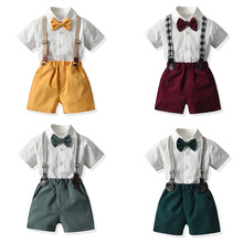2023儿童绅士套装 夏季韩版短袖衬衫时尚背带短裤两件套 外贸童装