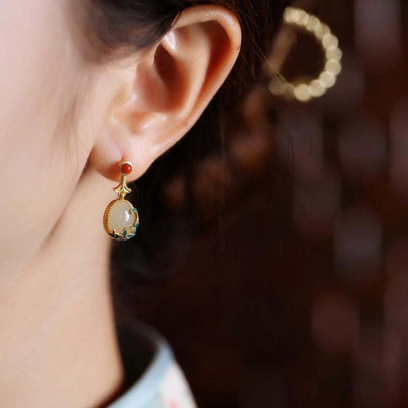 Ancient Style Gold Earrings Hetian Jade Earrings Ethnic Minority Retro Style Hanfu Earrings Female Icing on the Cake Ancient Costume Earrings