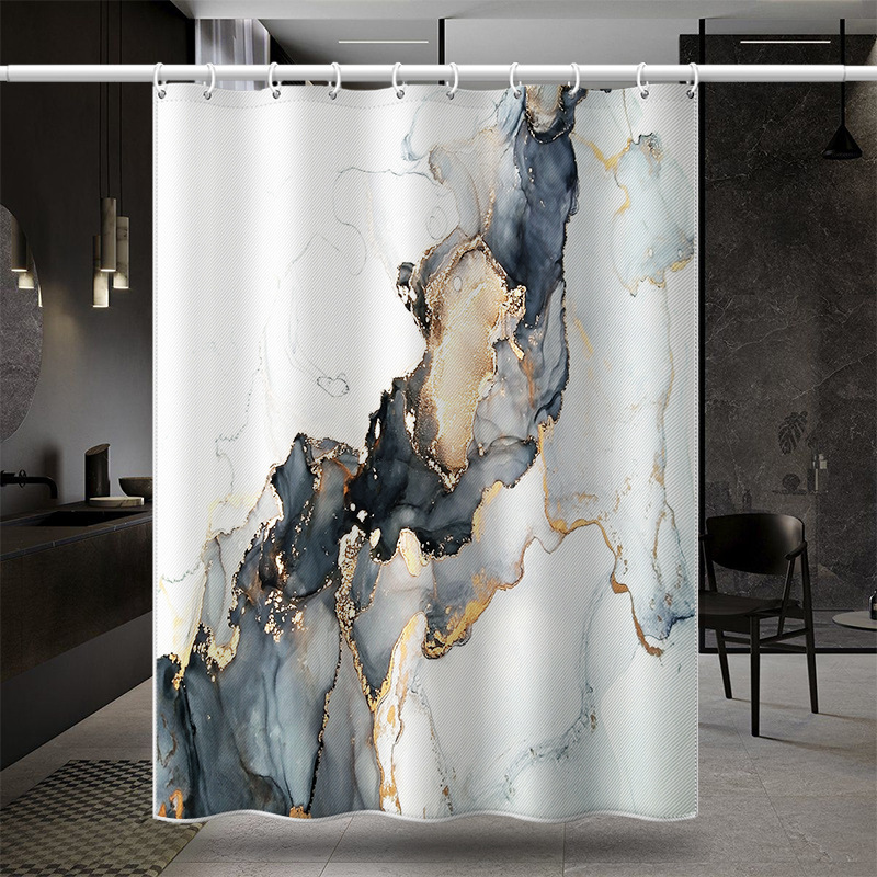Cross-Border Hot Selling Waterproof and Mildew-Proof Polyester Punch-Free Bathroom Shower Door Curtain Gray Marbling Partition Shower Curtain