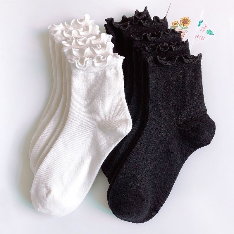 White Fungus Socks Women's Mid-Calf Spring and Summer Black and White Bunching Socks JK Uniform Bubble Mouth Lace Lolita Long Socks