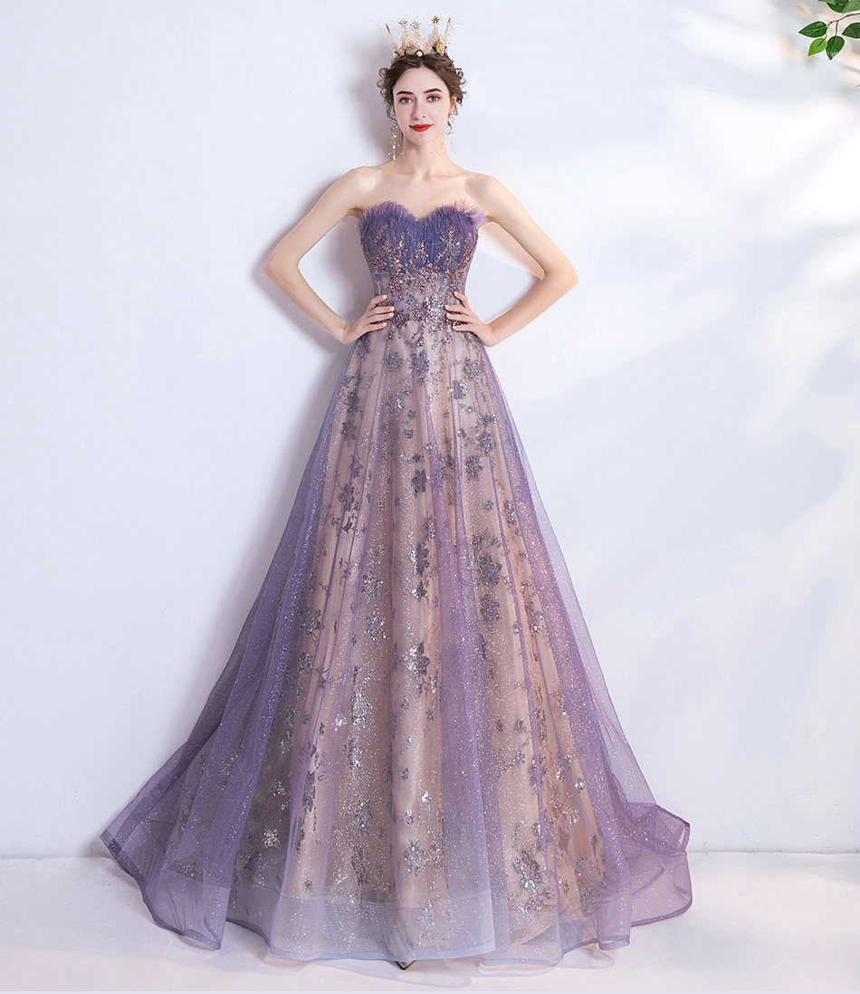 年会晚礼服2021秋新款性感抹胸紫色亮片星空裙婚礼新娘艺考演出服