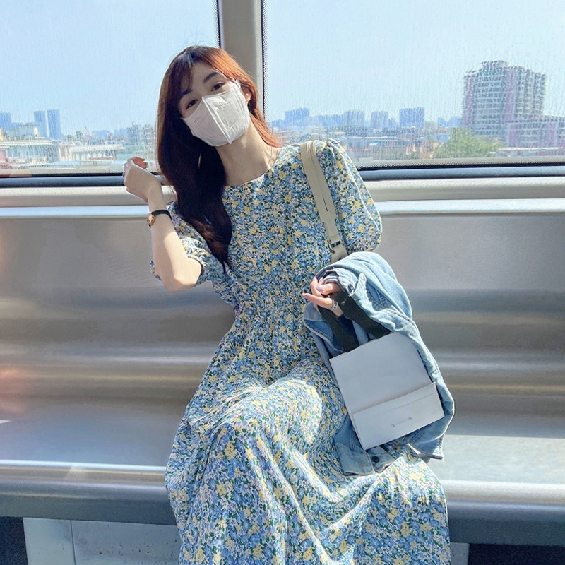 fresh puff sleeve floral dress women‘s summer new round neck retro long french style temperament long skirt fashion