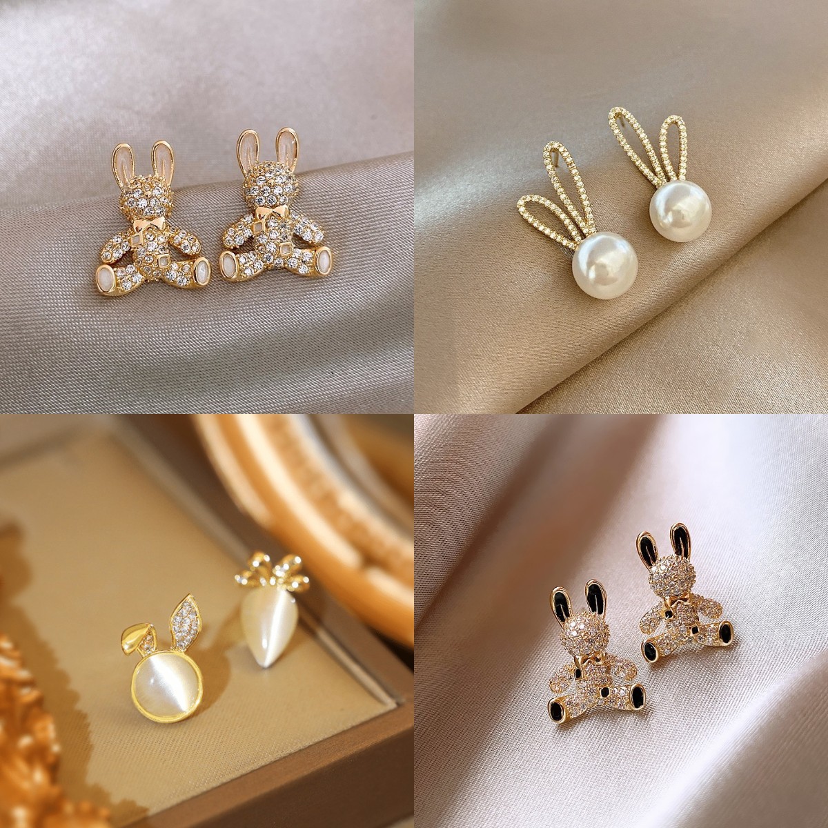 925 Birth Year Light Luxury Cute Bunny Ear Studs Cat Eye Earrings Pearl Stud Earrings Silver Needle Wholesale Earrings for Women