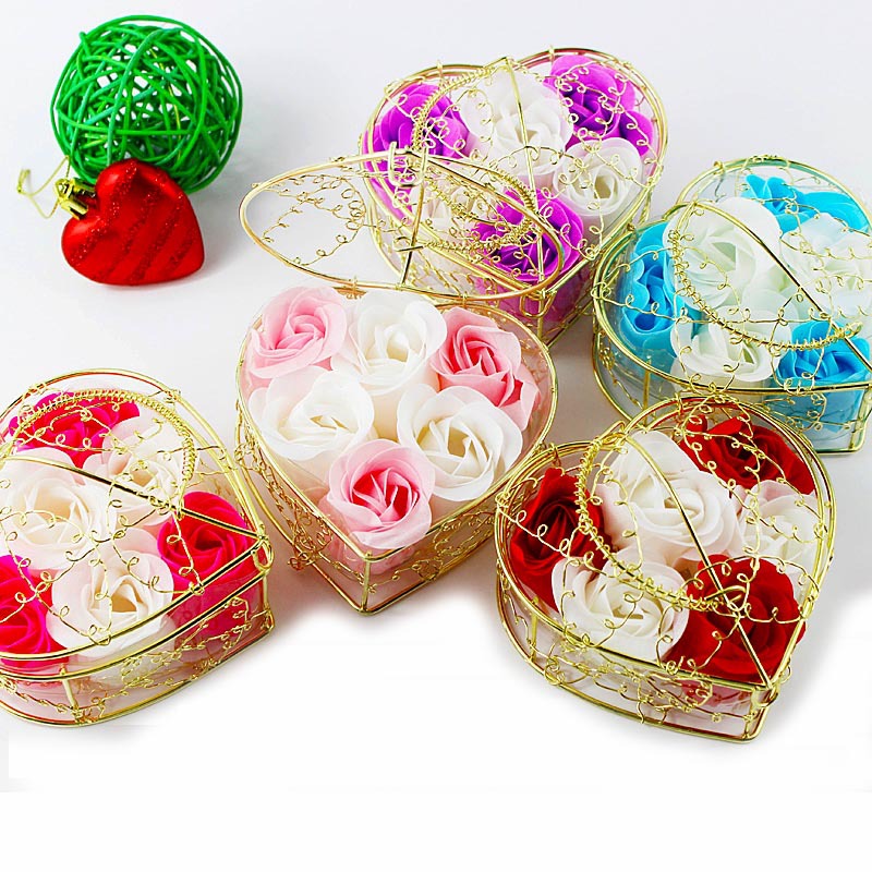 Wholesale Women's Day Gift 6 Roses Soap Flower Iron Basket Creative Festival Promotional Supplies Artificial Flowers
