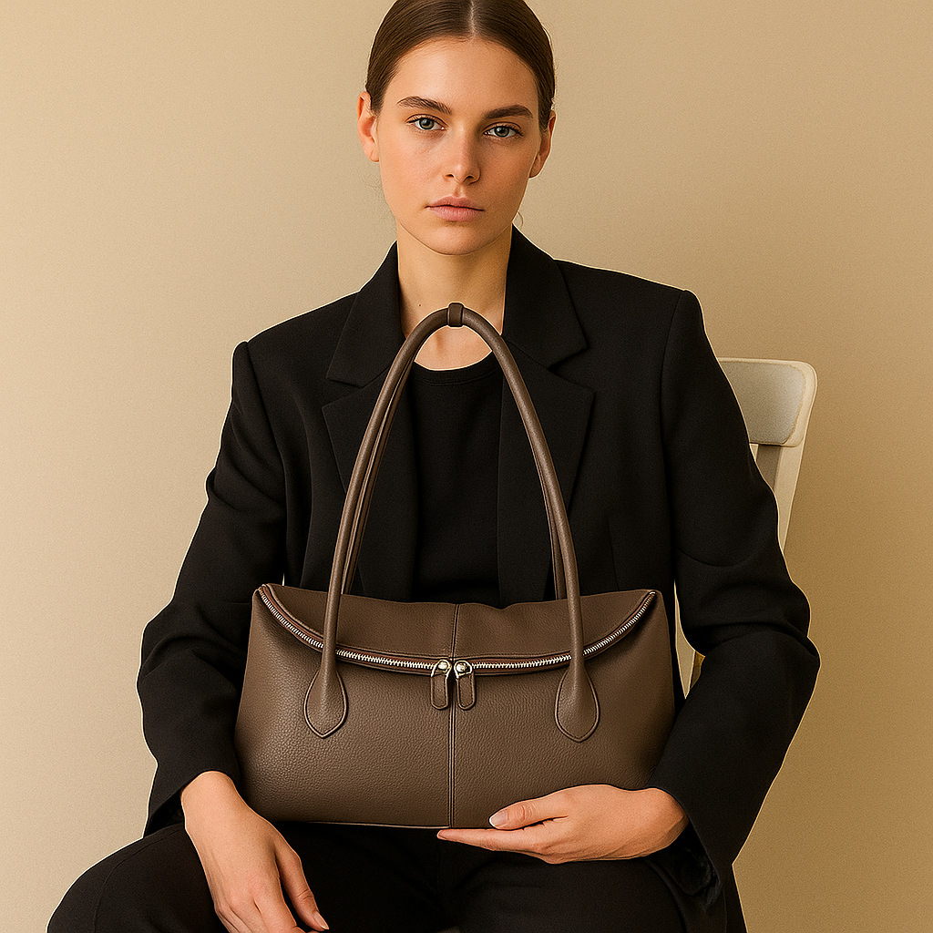 真皮休闲托特包女士手提单肩斜挎包棕色颗粒纹牛皮拉链包通勤包包