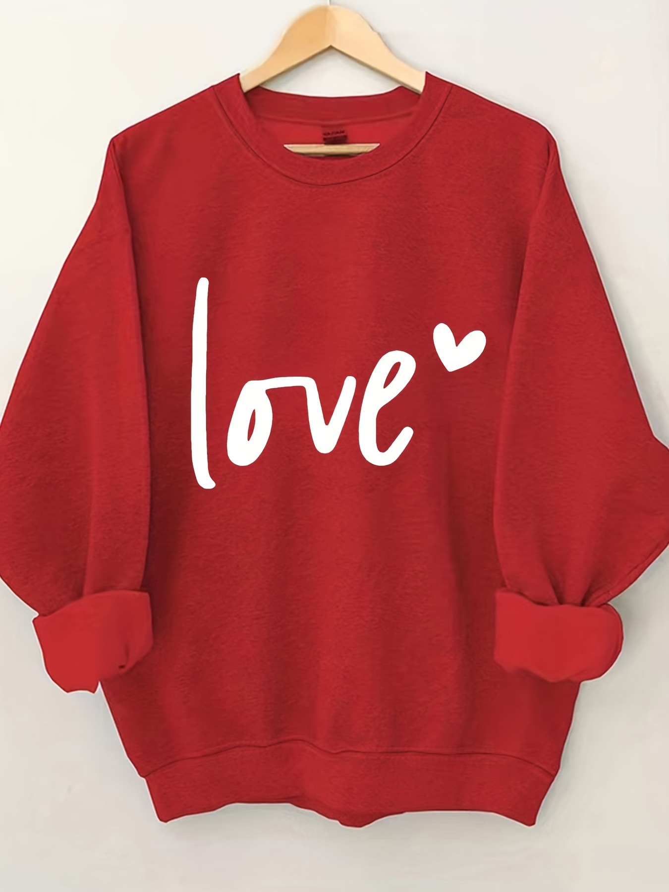 韩版红色加绒卫衣 简笔love印花 纯色休闲风格 长袖保暖女装-阿里巴巴