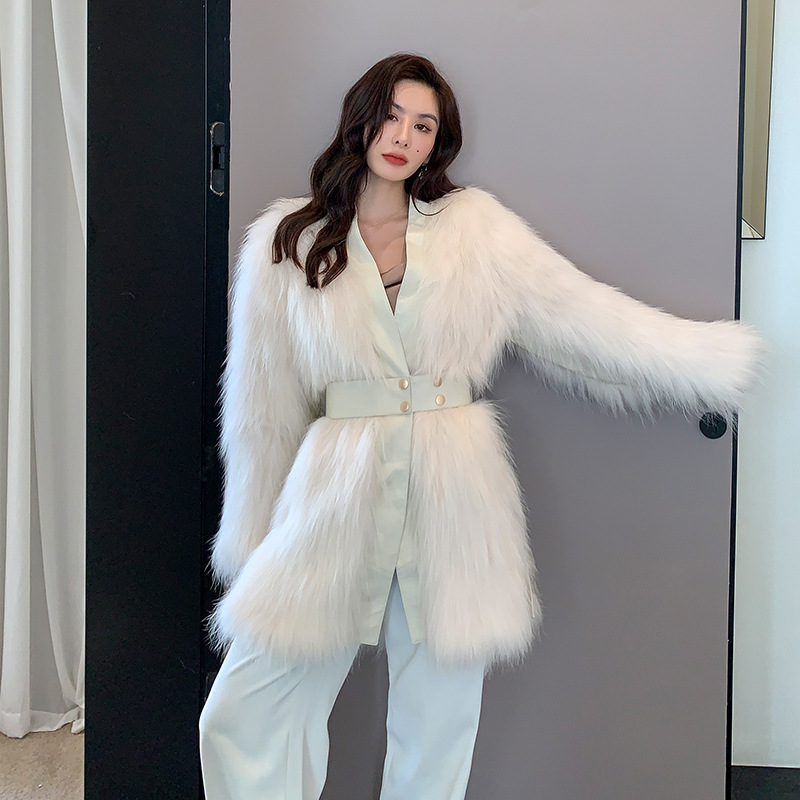 貉子毛编织绵羊皮腰带皮草外套女中长款百搭显瘦年轻款狐狸毛大衣