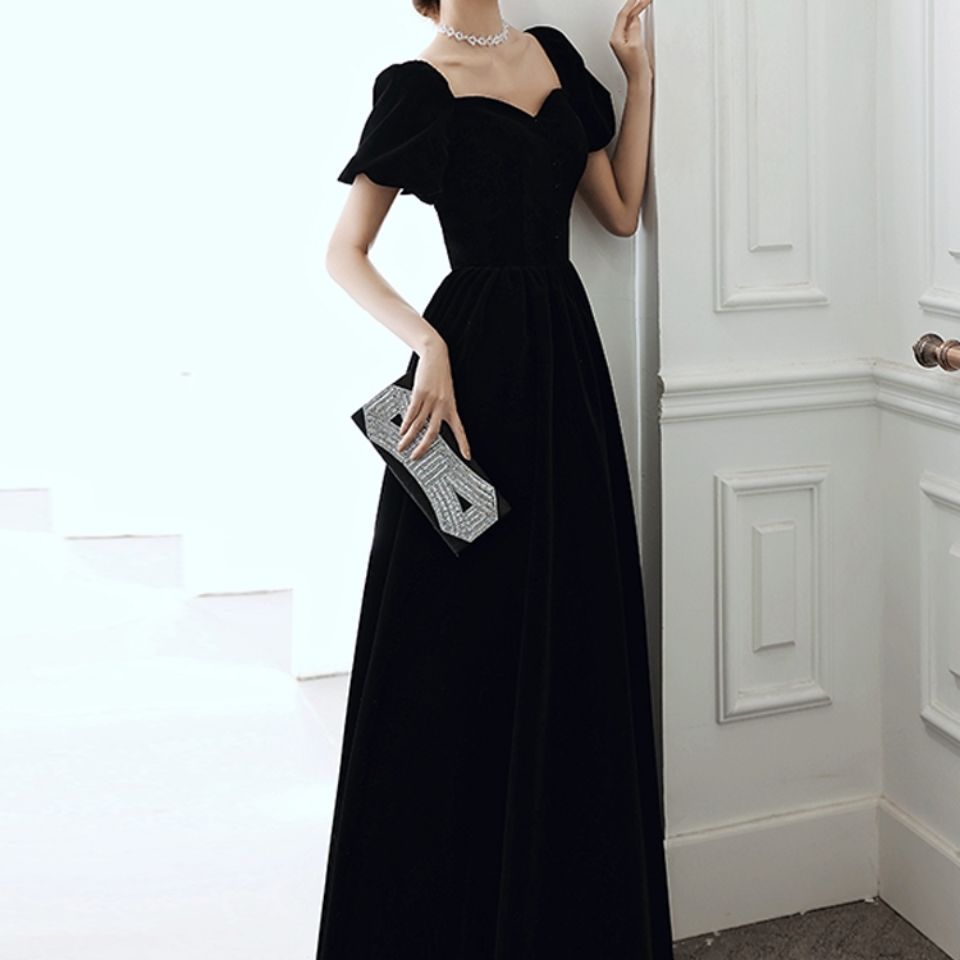 宴会晚礼服2020新款高端黑色丝绒小个子气质年会礼服裙女显瘦长款