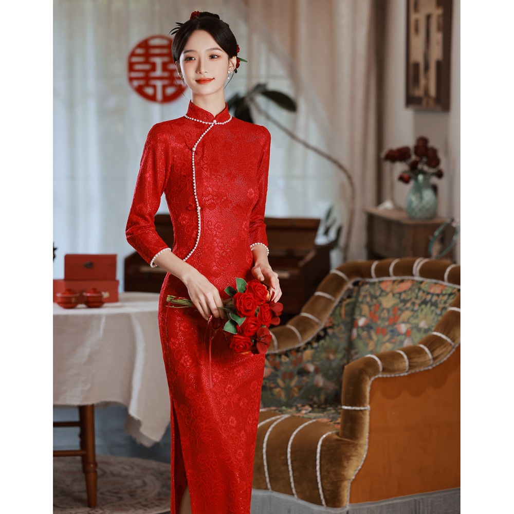 秋季新款少女红色蕾丝旗袍 改良复古时尚结婚旗袍连衣裙敬酒服507