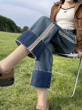 直筒牛仔裤女2023年秋季新款高腰显瘦撞色设计感小个子九分裤