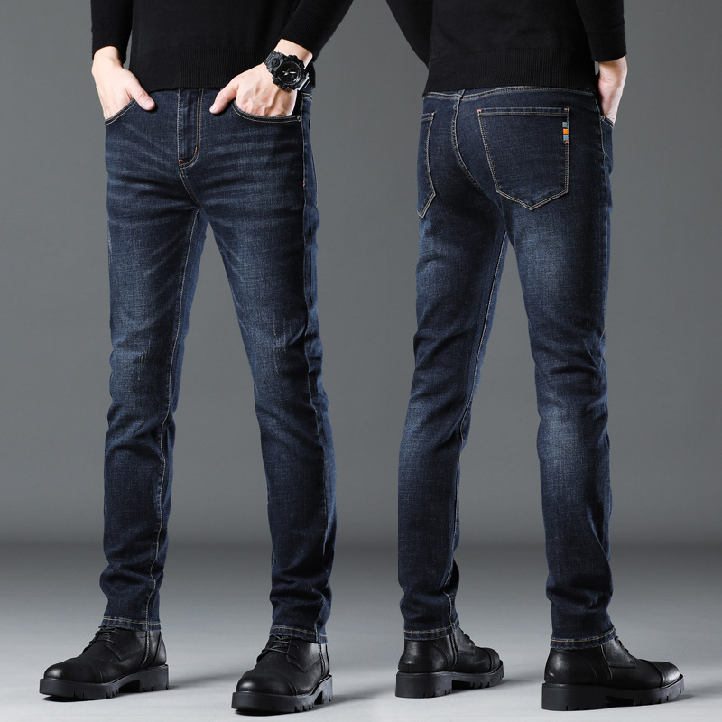 Jeans Men's Autumn and Winter New Slim Fit Tall Feet Fleece-Lined Men's Stretch Casual Men's Solid Color Trousers