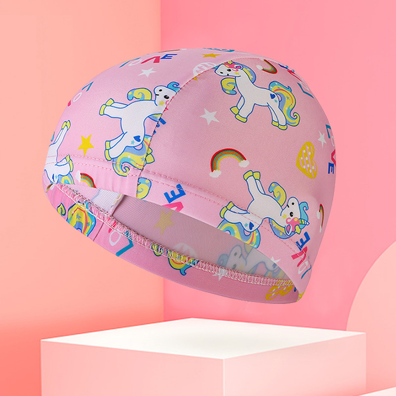 儿童泳帽男女童不防水涤纶料防晒卡通印花帽子舒适不勒头游泳装备