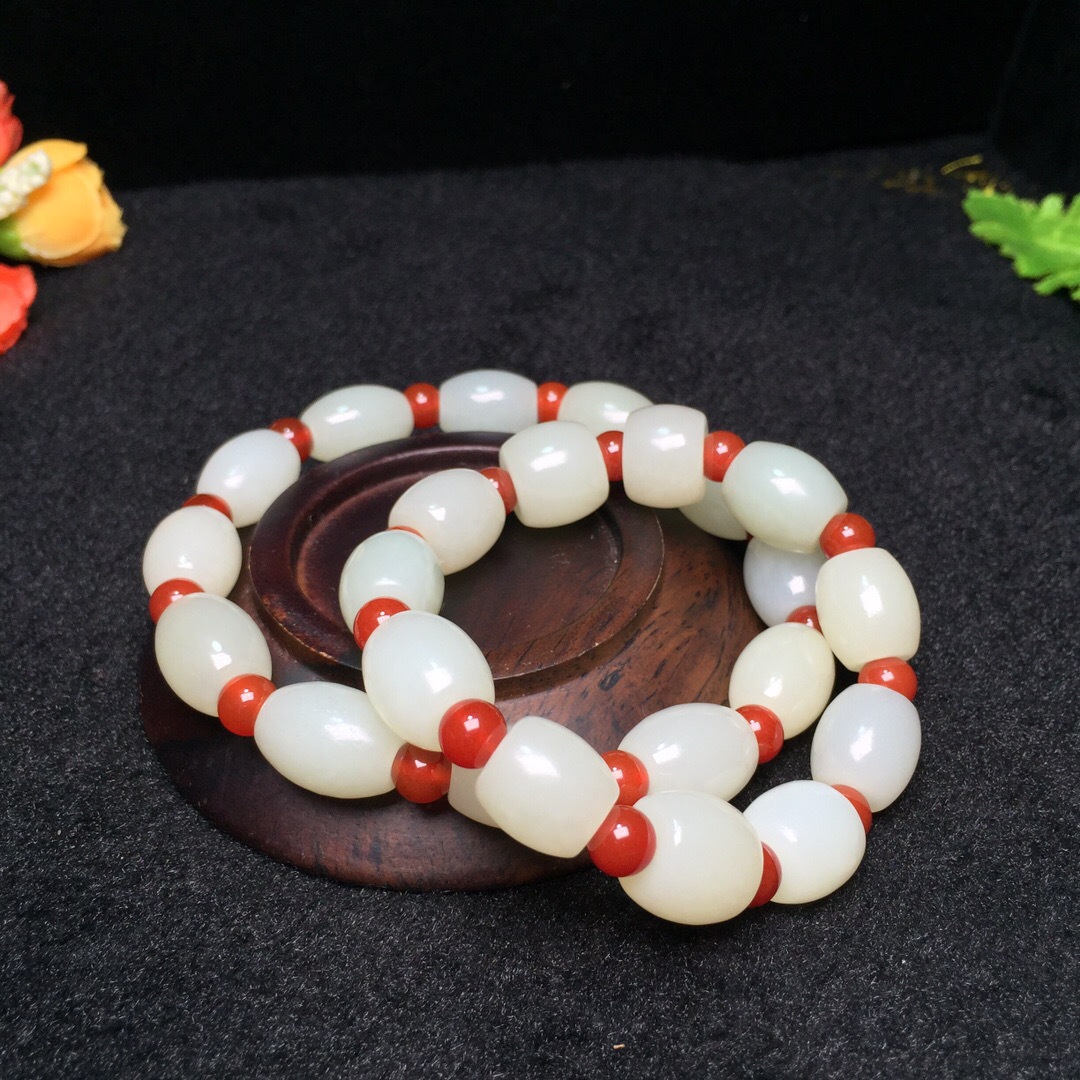 天然和田玉手链 和田白玉手串 路路通转运桶珠手链手串 男女款