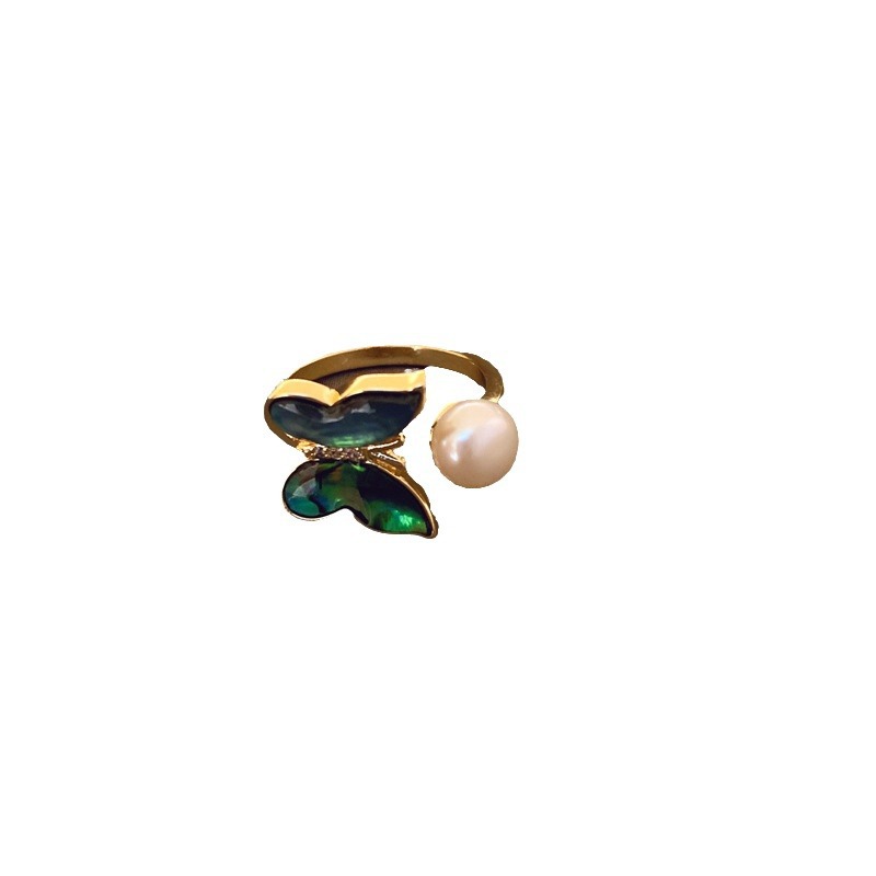 Real Gold Electroplated Zircon Letter Butterfly Pearl Open Ring Retro Elegant Index Finger Ring Light Luxury High-Grade Bracelet