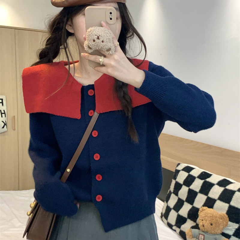 2023 Autumn New Navy Collar Long Sleeve Knitted Cardigan for Women All-Match Small Western Style Leisure Knitted Top for Women