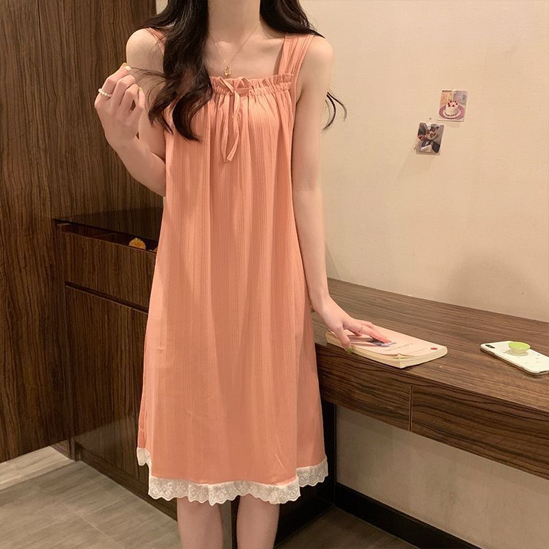 吊带睡裙女夏季款简约无袖背心纯欲风豆沙家居服睡衣裙子夏天