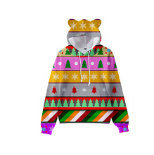 跨境新款圣诞节3D抓绒儿童成人装猫耳朵卫衣女春秋