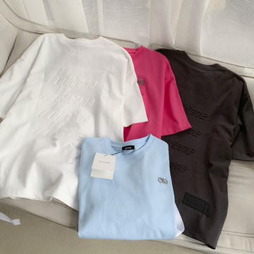 lanbos we11done夏季新款压纹t恤上衣浮雕字母凹凸立体情侣短袖