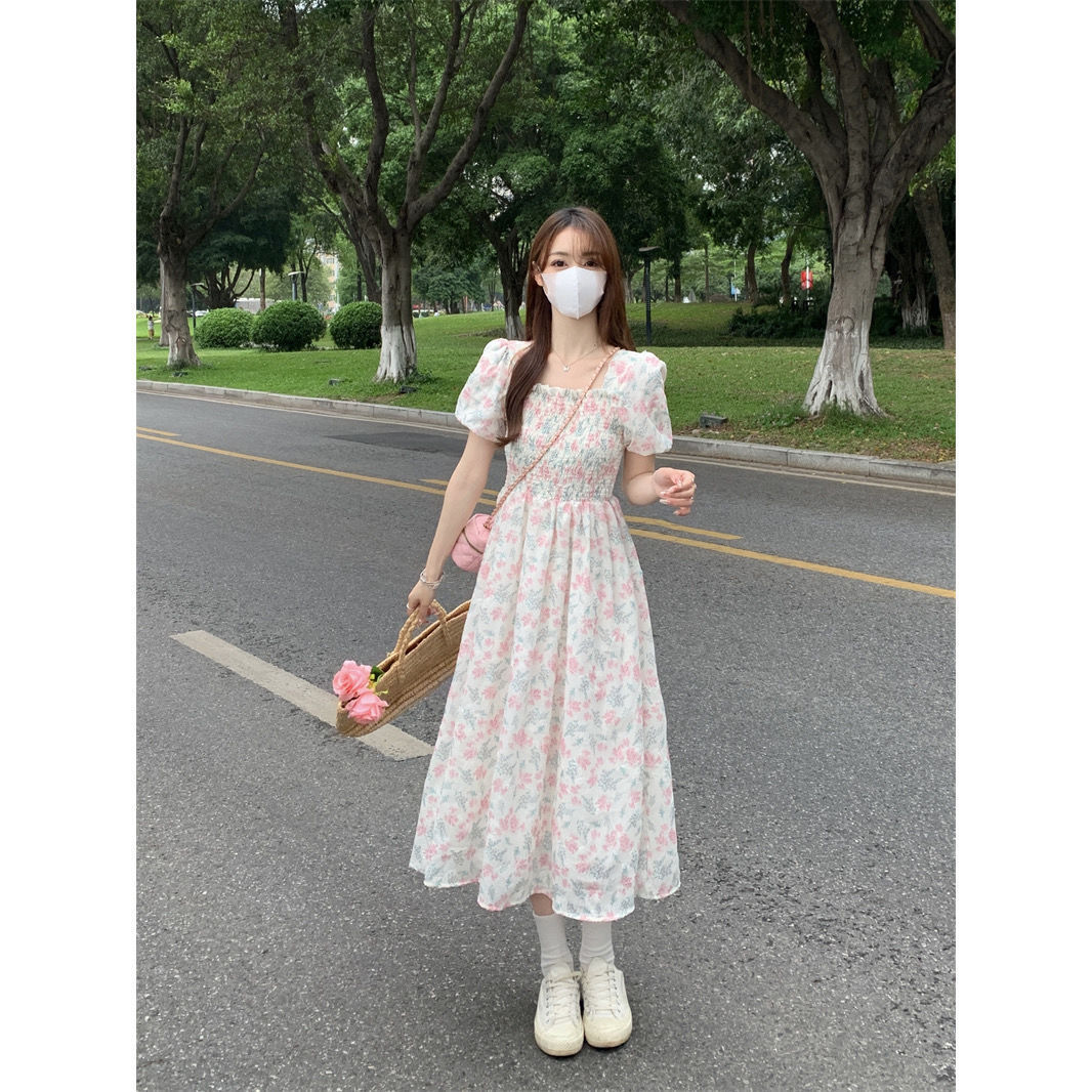 甜美碎花方领连衣裙跨境女装夏季2024新款收腰显瘦仙中长款女裙子