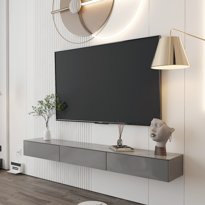 意式岩板悬空电视柜壁挂式背景墙吊柜简约后现代轻奢电视墙壁柜窄