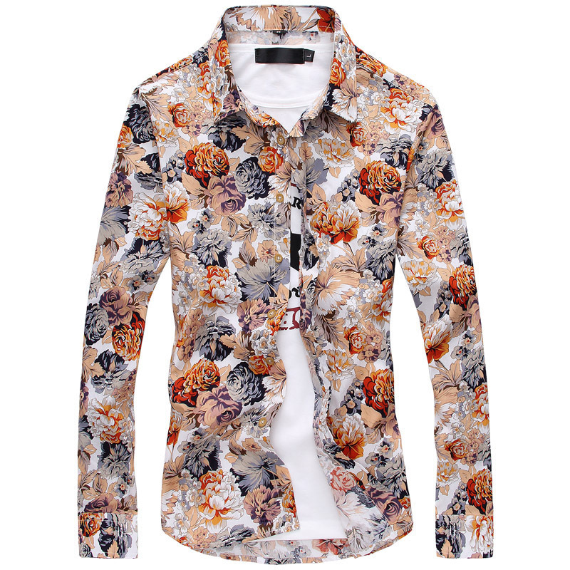 男士长袖衬衫夏款韩版修身时尚跨境外贸印花衬衣男花衬衫工厂批发