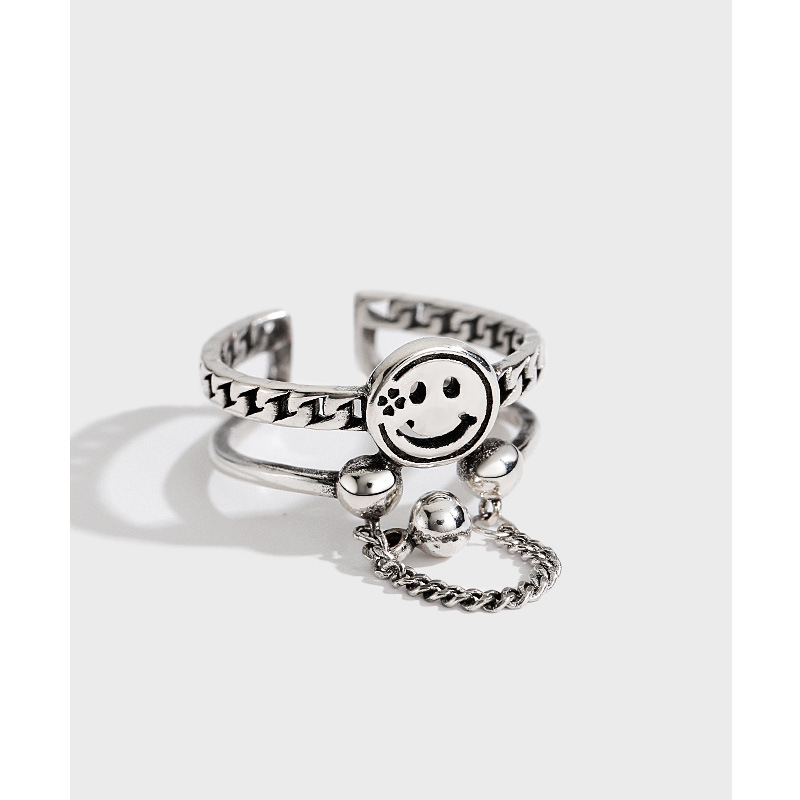s925纯银链条笑脸微笑戒指女网红ins冷淡风韩国个性气质指环饰品