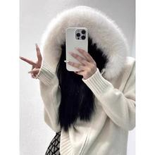 秋冬新款保暖加厚毛领针织开衫外套女时尚宽松短款双拉链毛衣外套